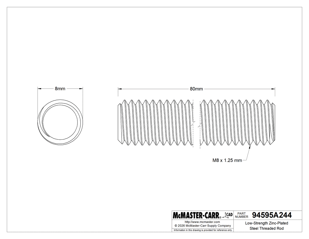 Technical Drawing of Low-Strength Zinc-Plated Steel Threaded Rod, M8 x 1.25 mm Thread Size, 80 mm Long.